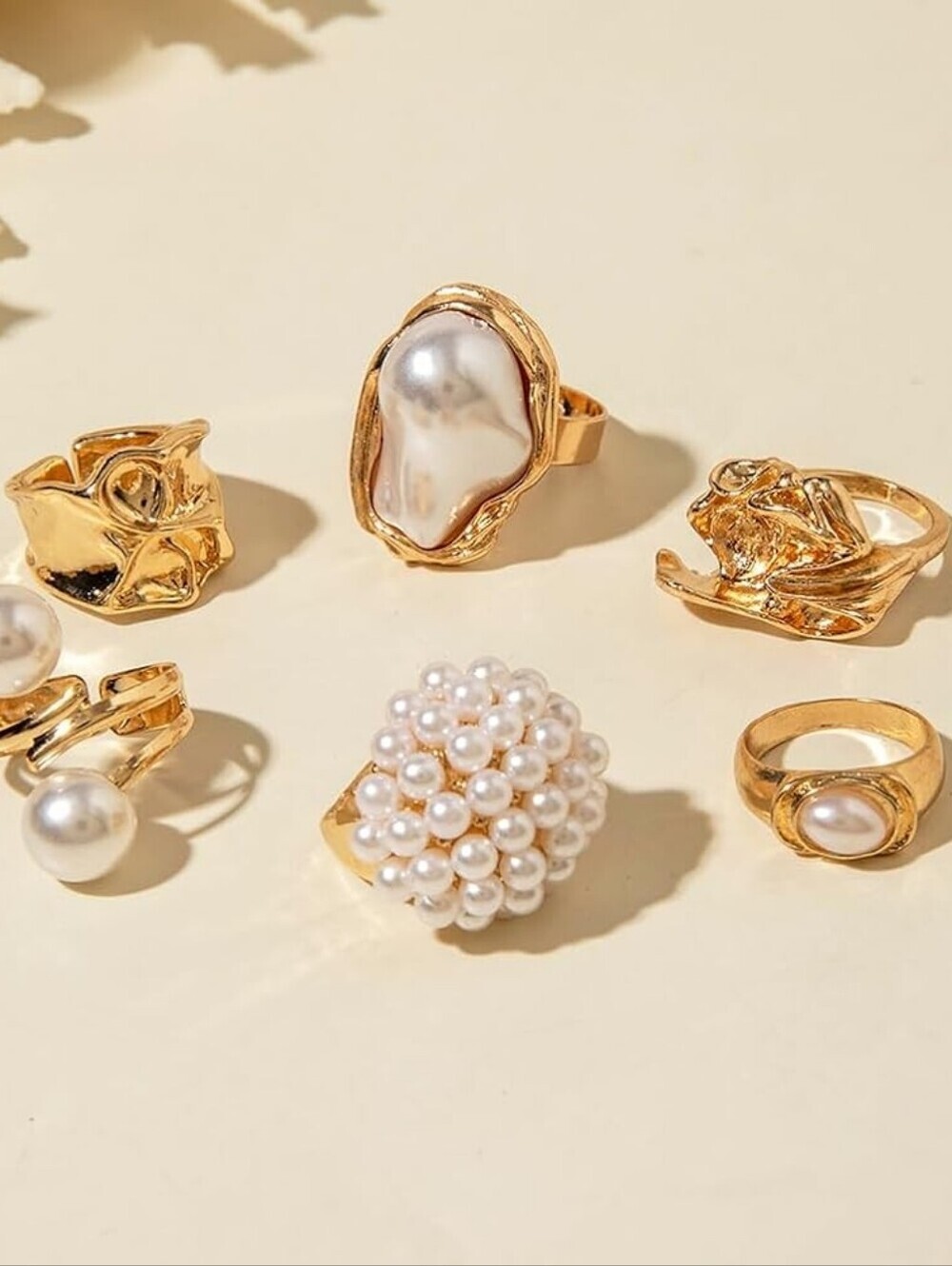 Statement Big Pearls Chunky Cluster Baroque Gold Stackable Rings - Picture 2 of 2